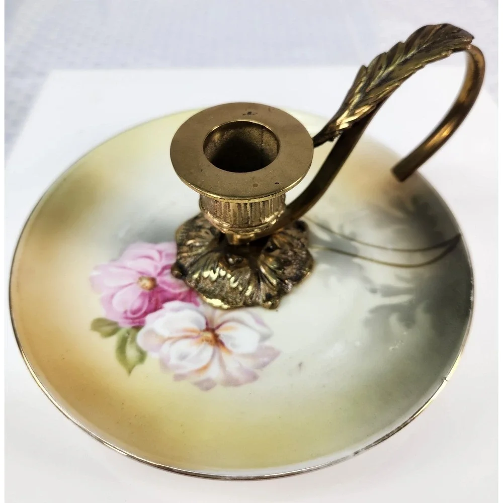 Vintage Brass & Bone China Chamberstick w/Finger Loop & Drip Tray